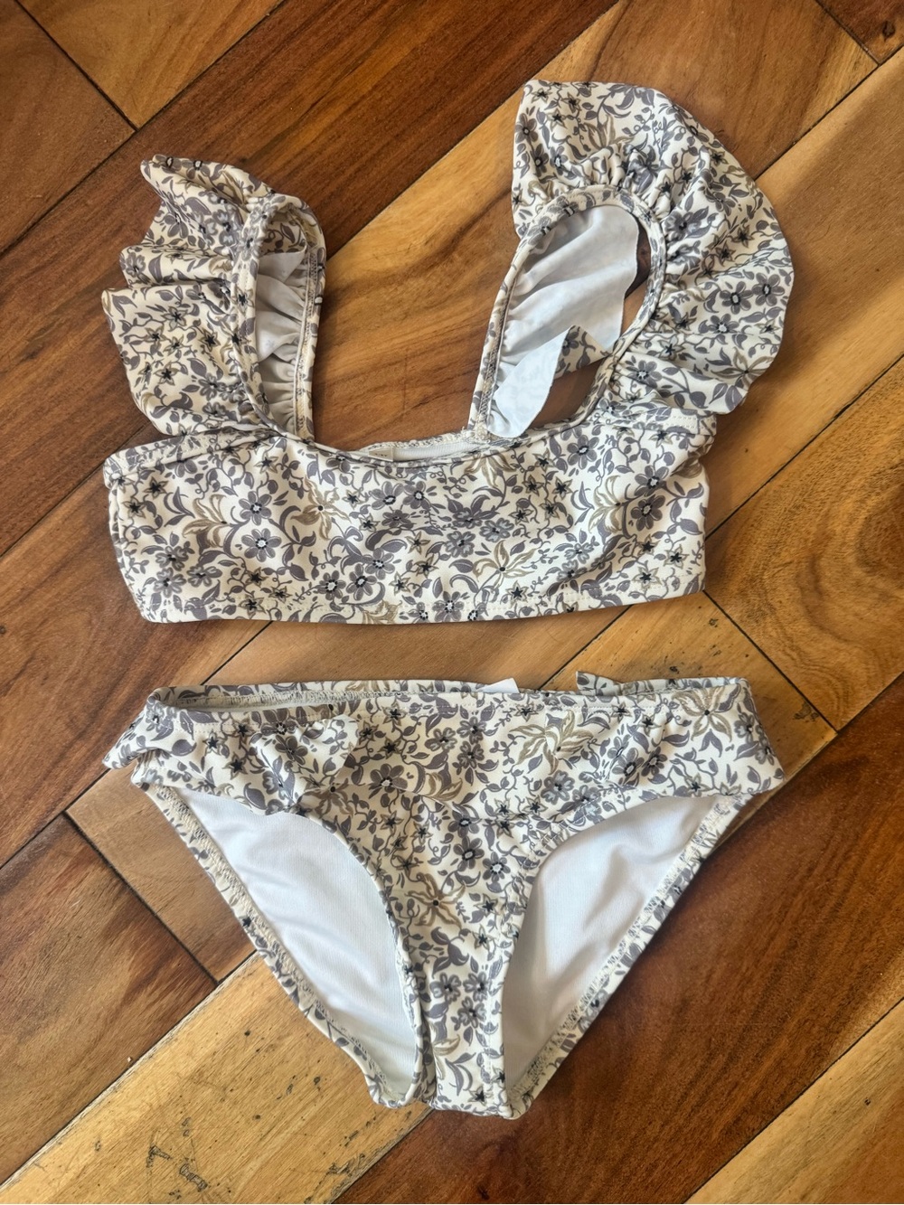 Rylee + Cru Cream and Gray Floral Kids Bikini 4-5y